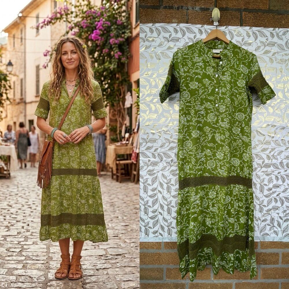 Julia Amory Olive Green Floral Block Print Maxi Dress | Cottagecore Aesthetic S